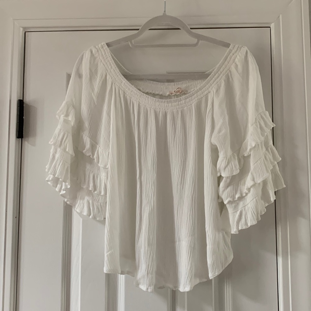 Francesca’s White Off the Shoulder Ruffle Sleeve Blouse